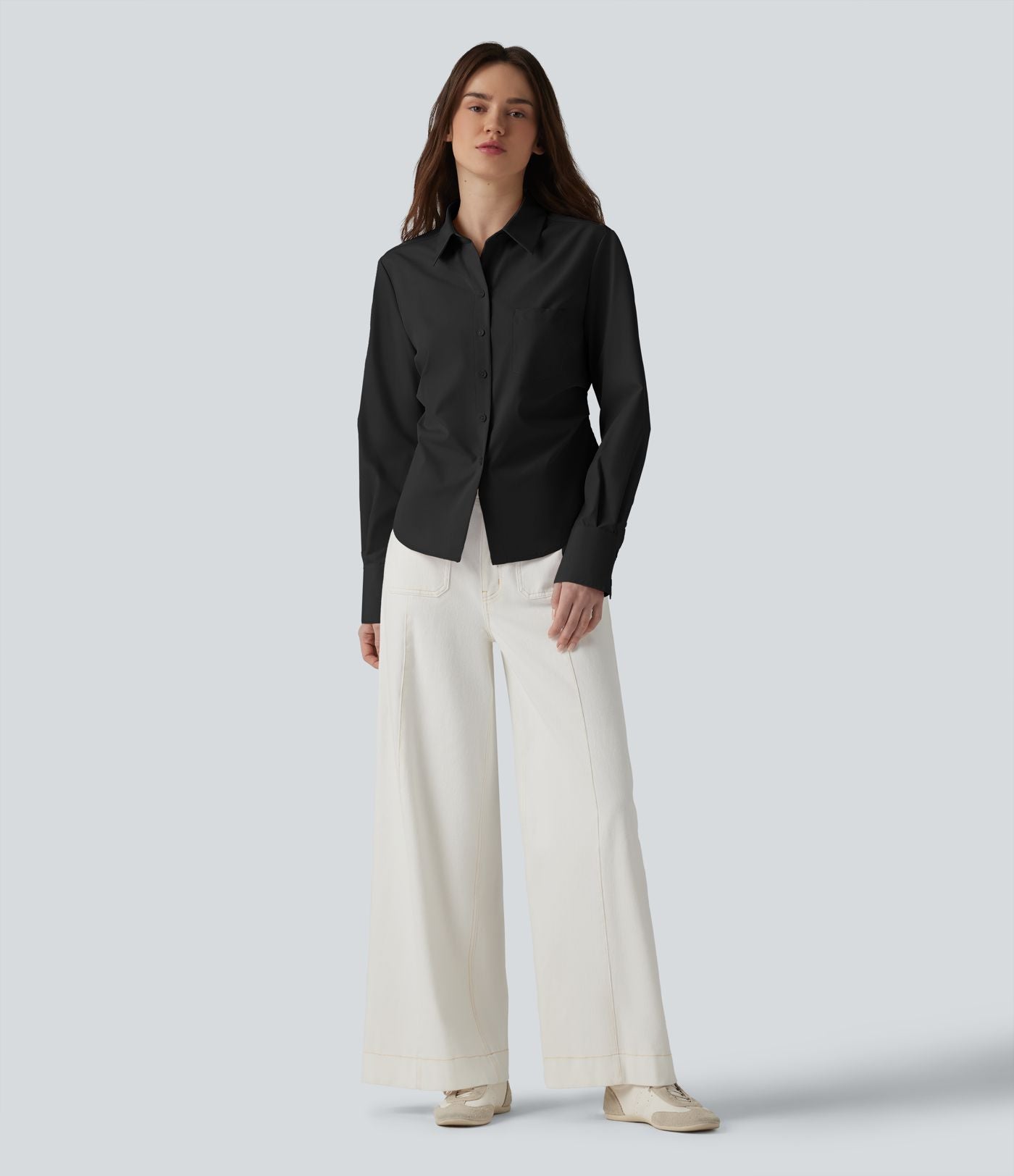 Chemise décontractée manches longues ourlet arrondi avec poche
