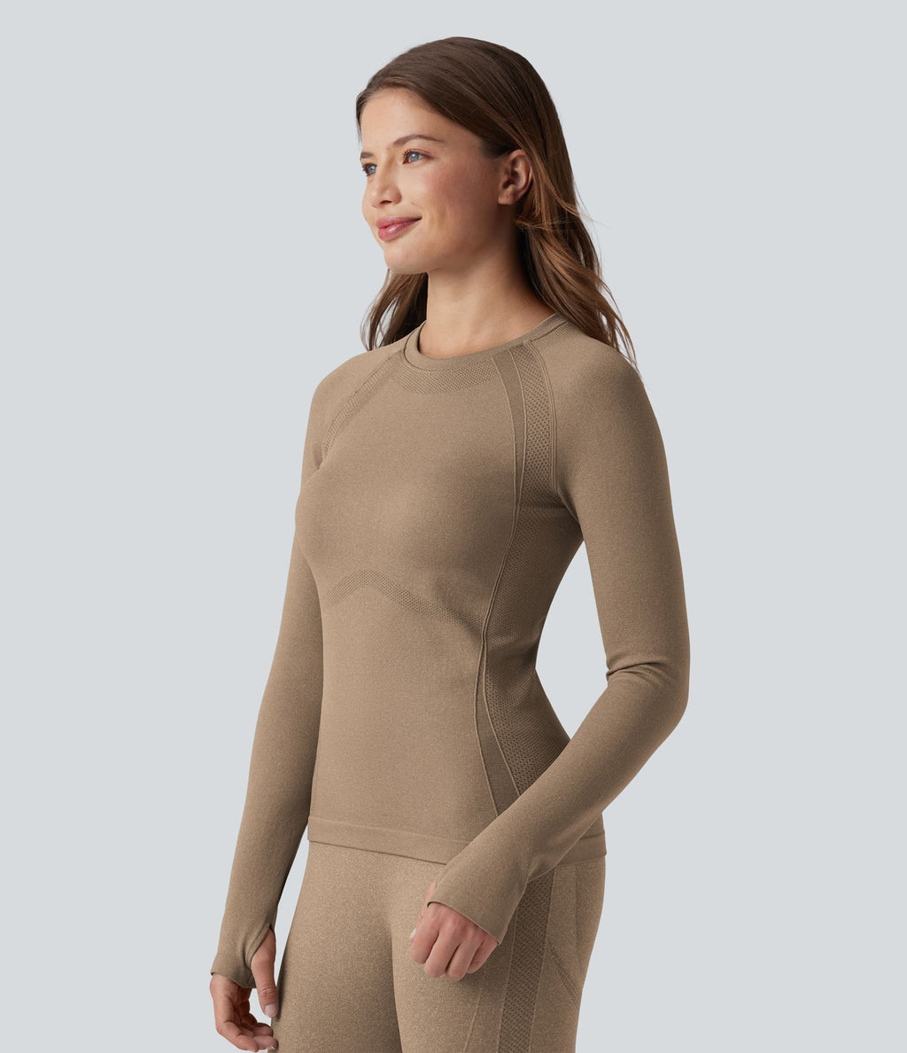 OneForm Seamless Flow Top de sport yoga à col rond, manches longues raglan avec passants pouces