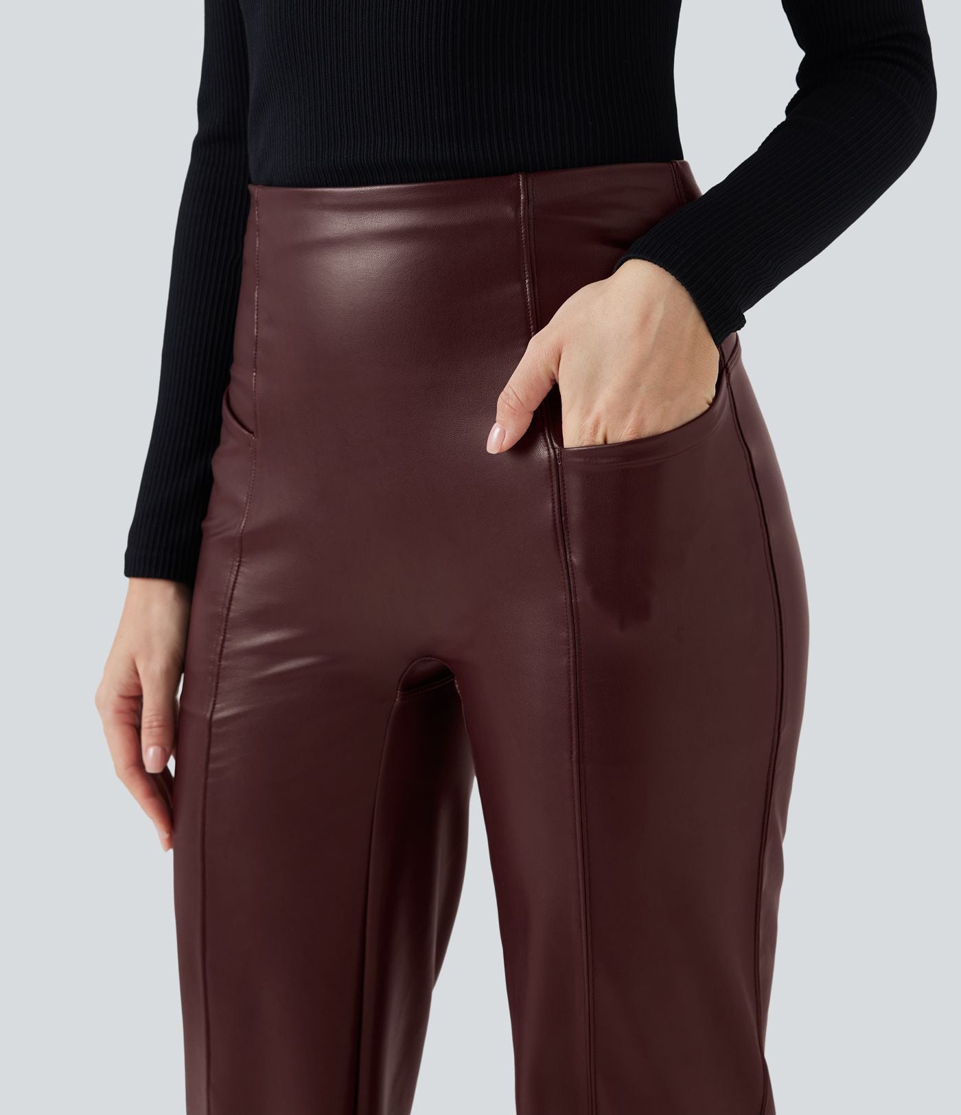 Pantalon similicuir évasé gainant taille haute stretch avec poches