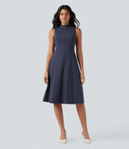 Robe mi-longue col montant sans manches avec poches