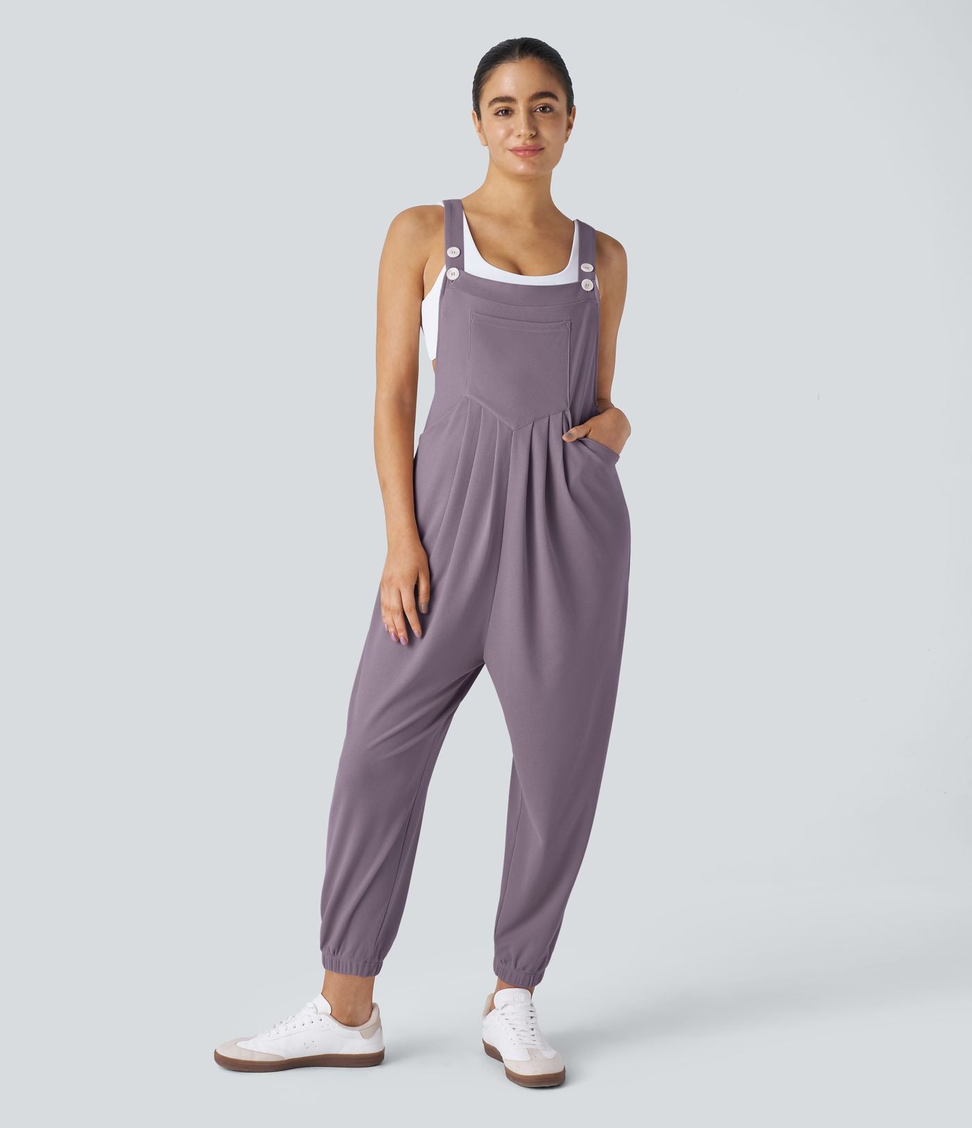 Salopette Casual Bretelles Ajustables Boutonnés Multiples Poches Plis et Tissu Gaufré