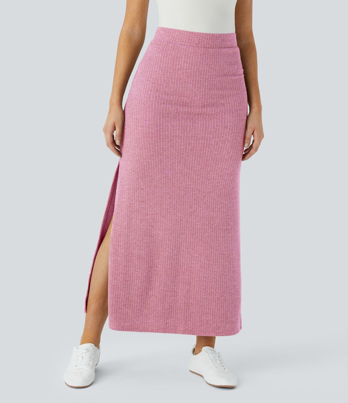 Jupe Casual Maxi à Taille Haute et Ourlet Fendu en A-Line en Côtes