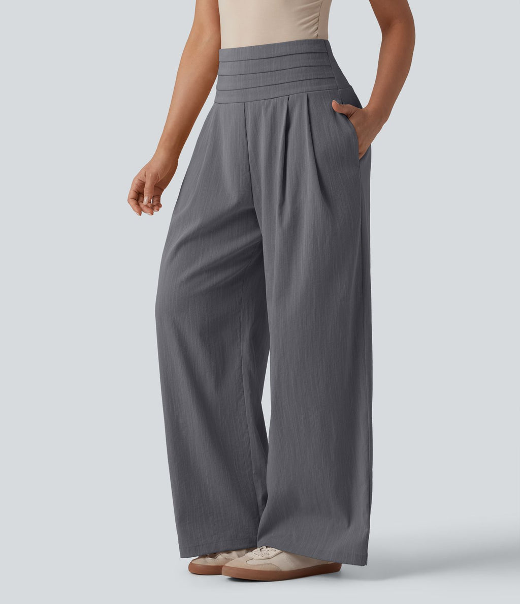 Pantalon large casual aspect lin taille très haute smocké réglable avec poches