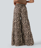 Pantalon ample décontracté taille mi-haute avec nœud devant imprimé léopard avec poches