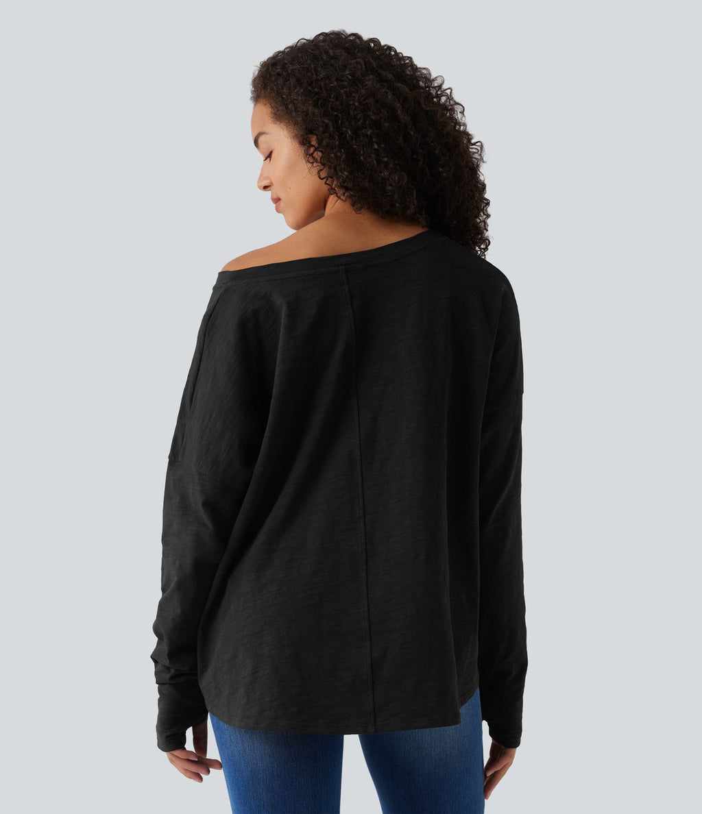 T-shirt casual en coton col bateau manches longues avec trous pour pouces et liens latéraux