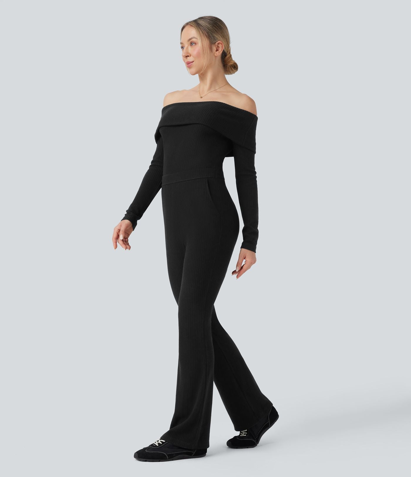Combinaison décontractée évasée maille côtelée épaules dénudées ceinture rabattable manches longues avec poches - Édition Easy Peasy