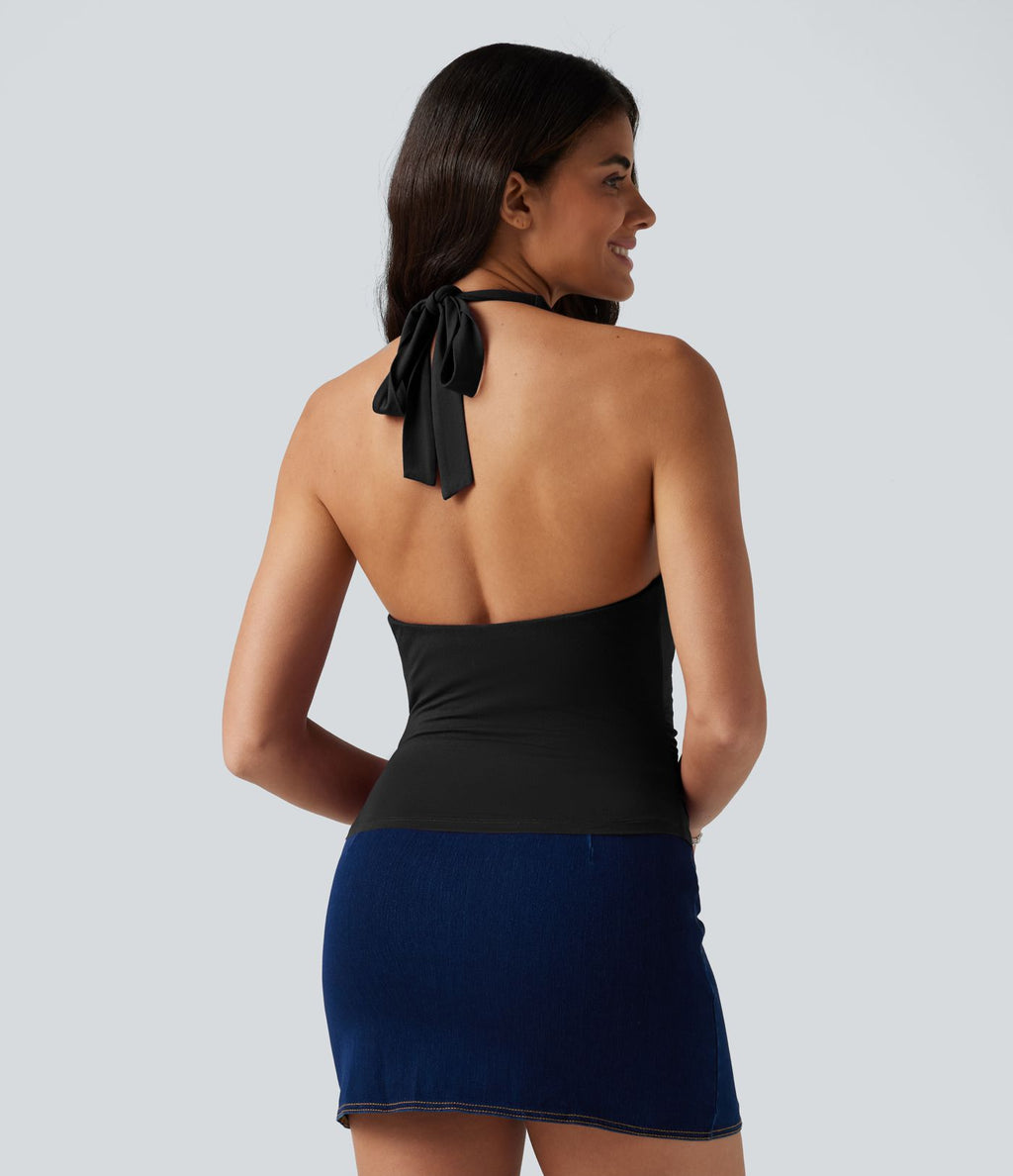 Débardeur casual dos nu à col halter avec lien à nouer et coussinets amovibles