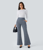 Halara Flex™ Pantalon tailleur évasé à carreaux pied-de-poule, taille haute avec boutons décoratifs et poches latérales
