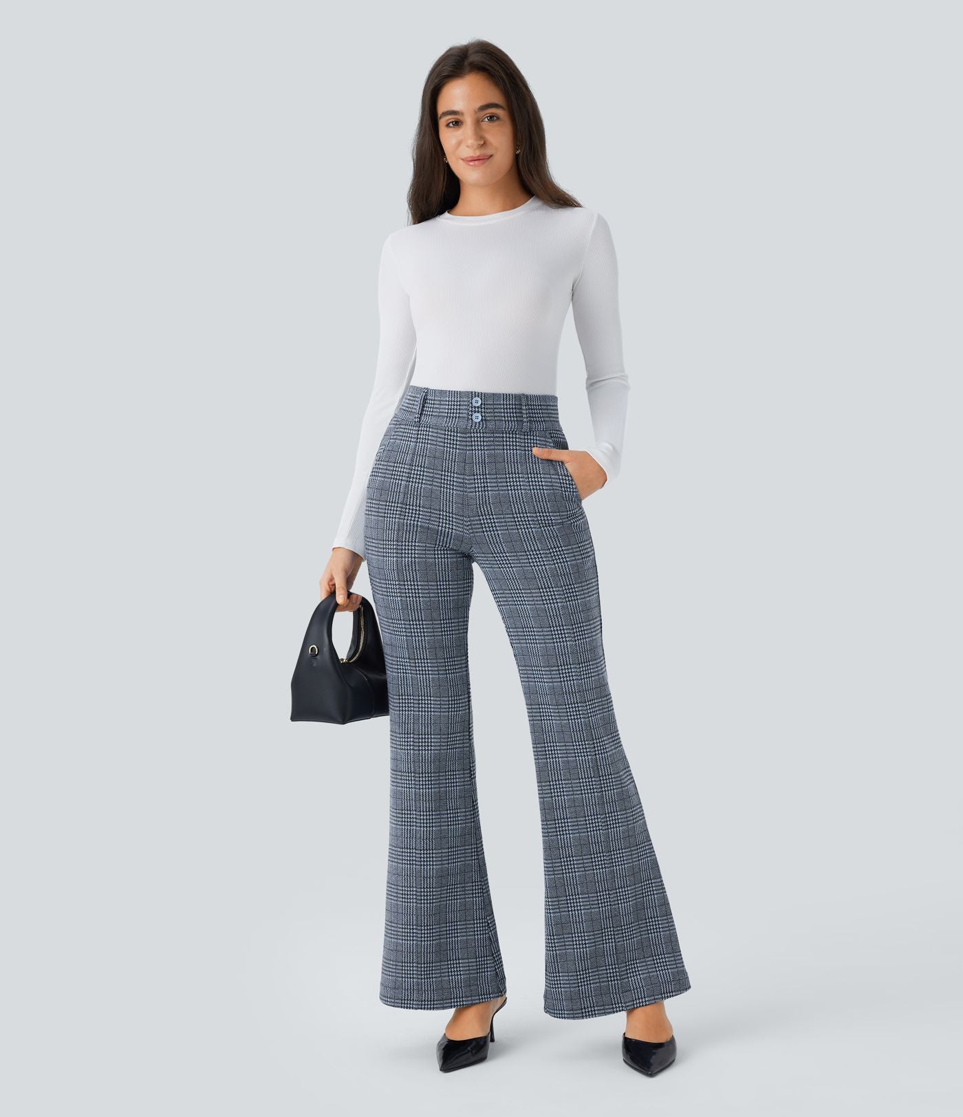 Halara Flex™ Pantalon tailleur évasé à carreaux pied-de-poule, taille haute avec boutons décoratifs et poches latérales