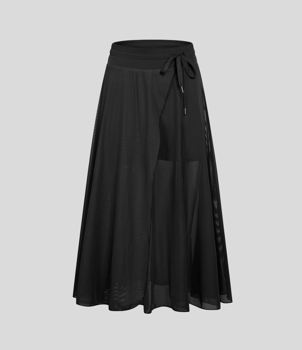Jupe Casual Évasée Mesh Mi-Longue Fuide 2 en 1 Contrastée Taille Haute Cordon Poche Latérale