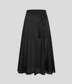 Jupe Casual Évasée Mesh Mi-Longue Fuide 2 en 1 Contrastée Taille Haute Cordon Poche Latérale