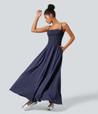 Breezeful™ Robe Débardeur Casual Dos Nu Poches Latérales Plissée Évasée Longue Séchage Rapide