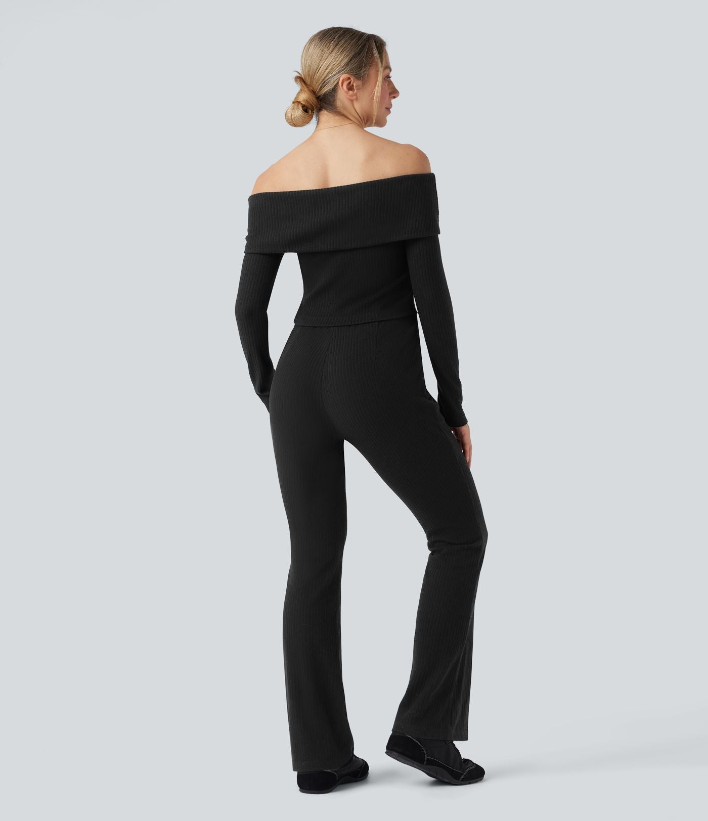 Combinaison décontractée évasée maille côtelée épaules dénudées ceinture rabattable manches longues avec poches - Édition Easy Peasy