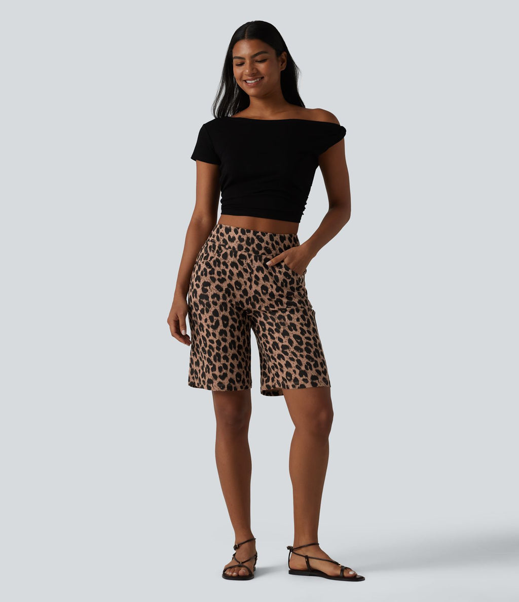 Short ample taille haute en tissu gaufré imprimé léopard 25 cm avec poches