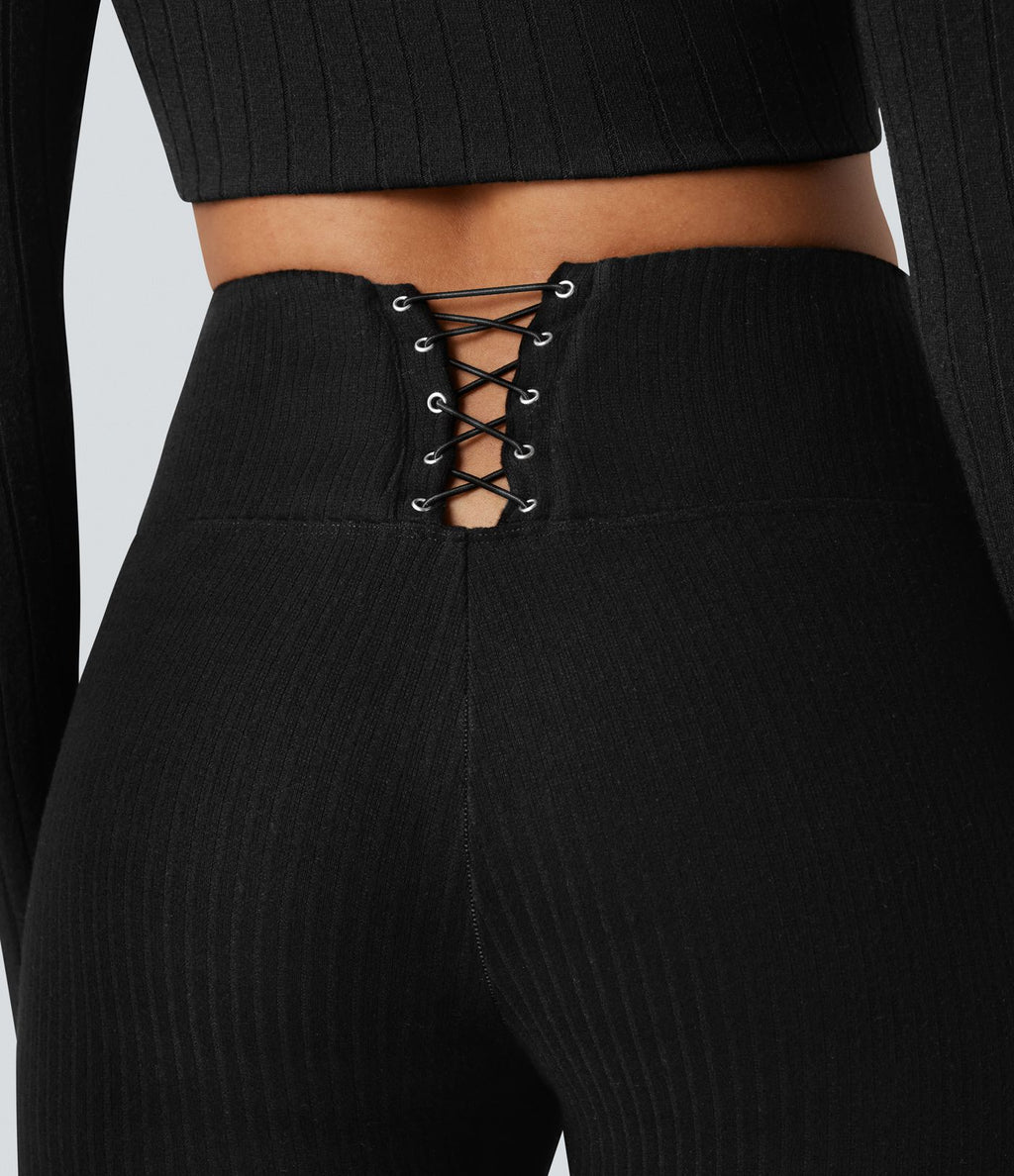 Legging côtelé croisé dans le dos taille haute avec poches