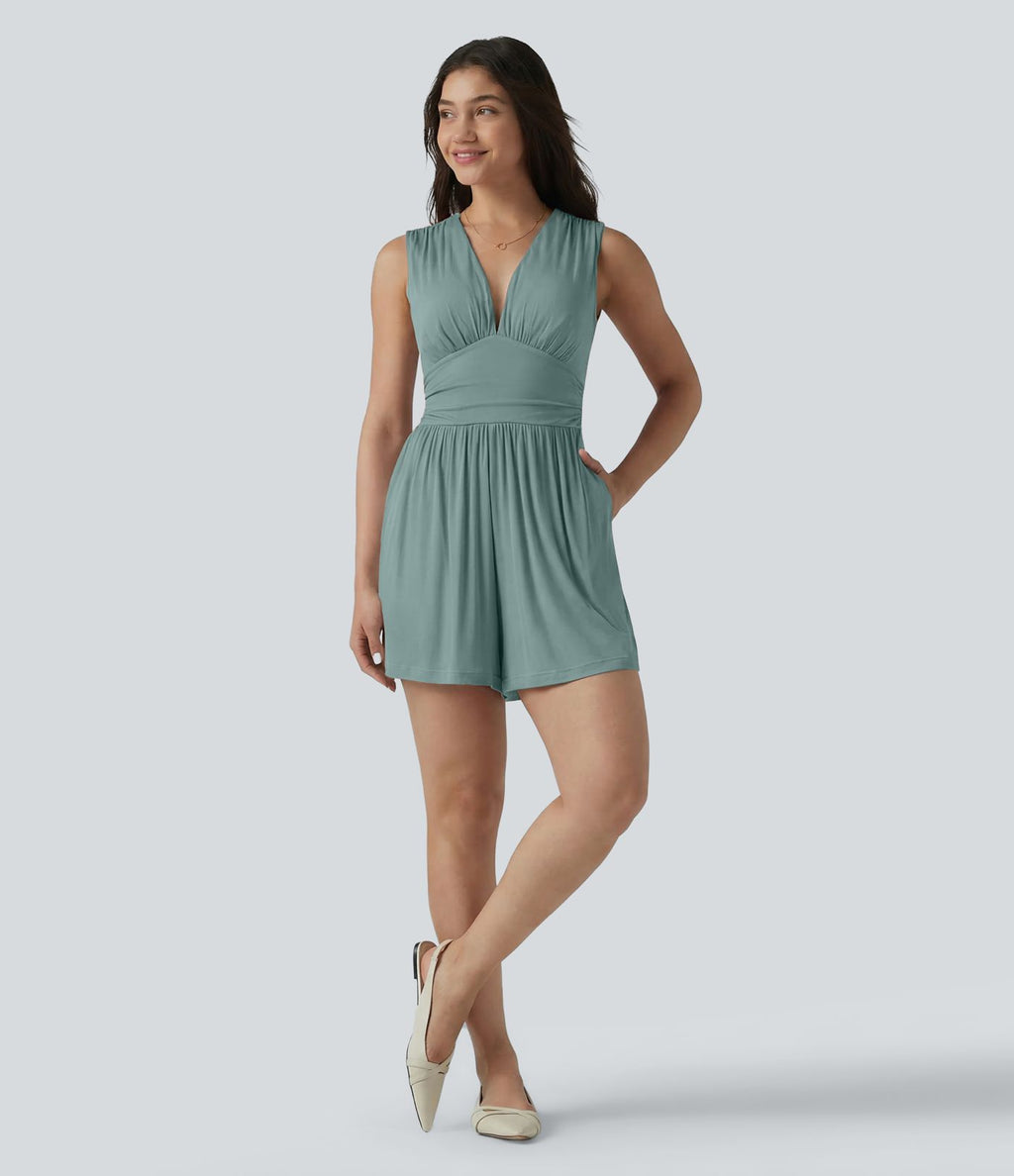 Combishort casual côtelé sans manches col V, fronces et soutien-gorge intégré, avec poches – Easy Peasy