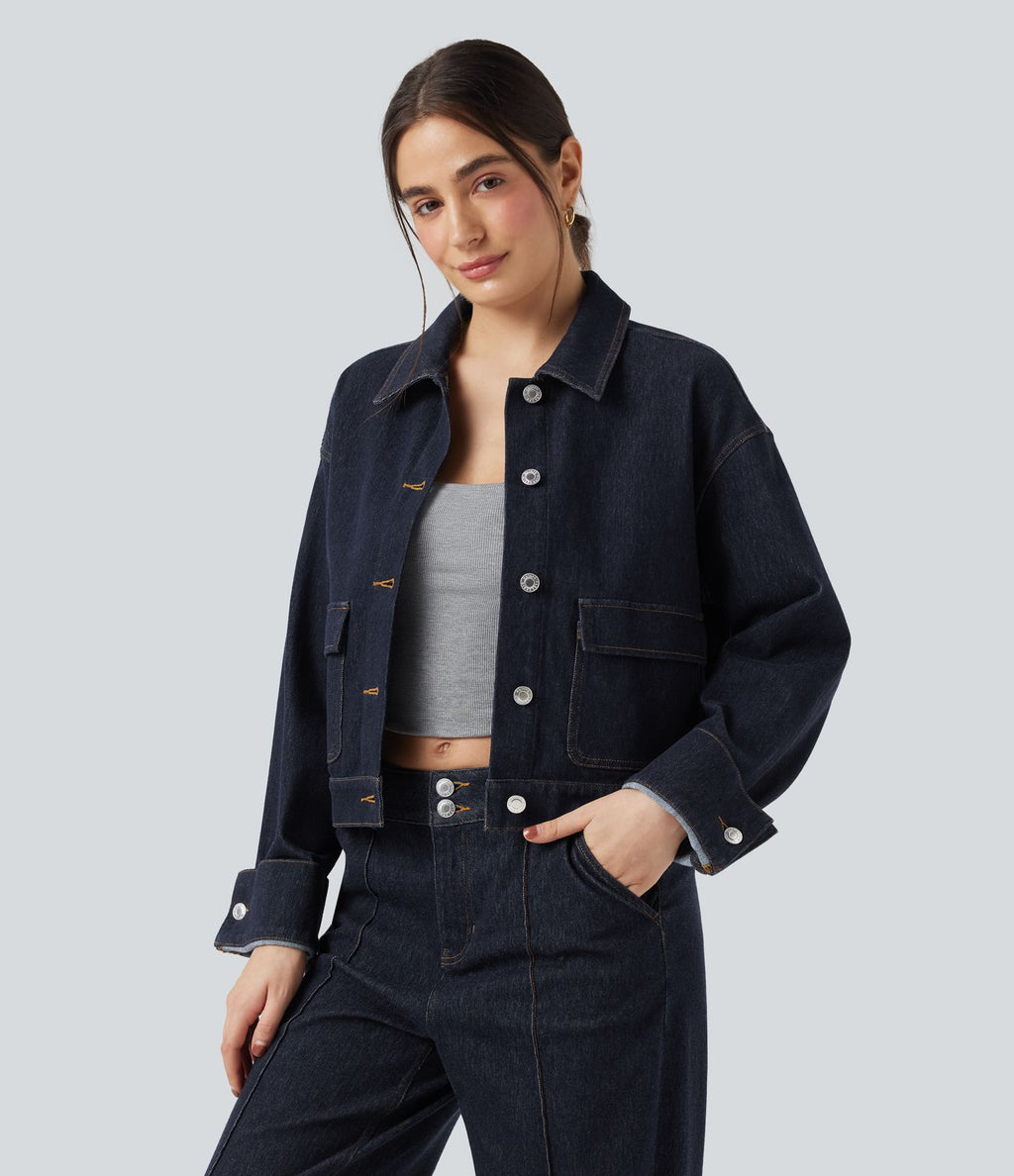 Veste denim Halara Flex™ col chemise manches longues