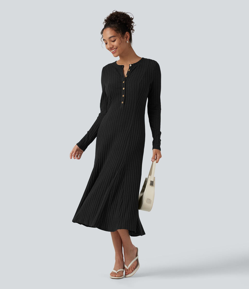 Robe midi fluide en maille côtelée à col Henley et manches longues
