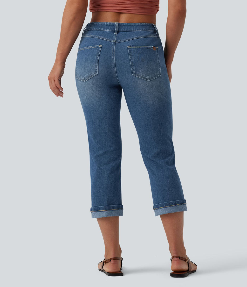 Halara Flex™ Jean casual raccourci taille basse à ourlet retroussé, avec poches