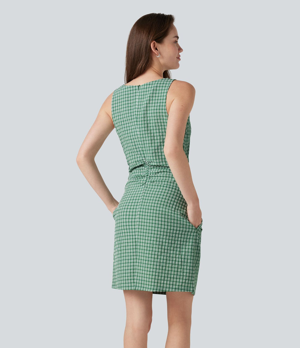 Robe mini casual sans manches col bateau à carreaux vichy, avec poches
