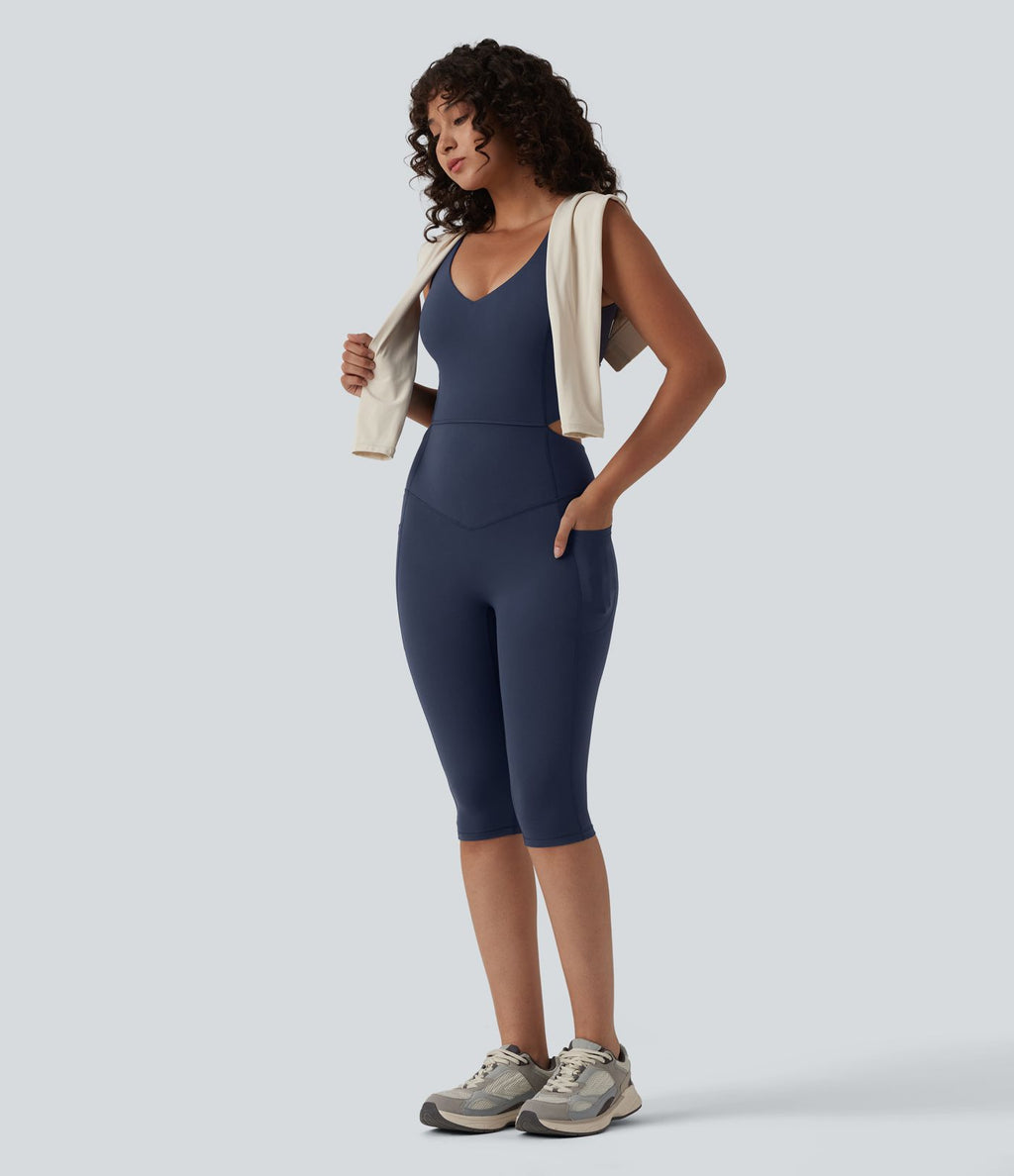 Combinaison sport gainante push-up col V longueur genoux Halara UltraSculpt™ avec poches - Édition Easy Peasy