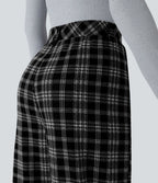 Pantalon taille haute décontracté large à carreaux, avec poches