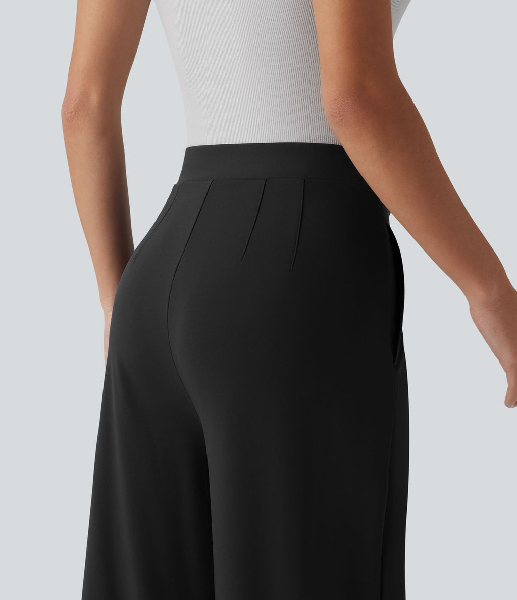 Pantalon tailleur évasé asymétrique taille mi-haute avec poches