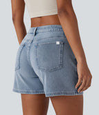 Short asymétrique en jean délavé Halara Flex™ taille basse à poches multiples
