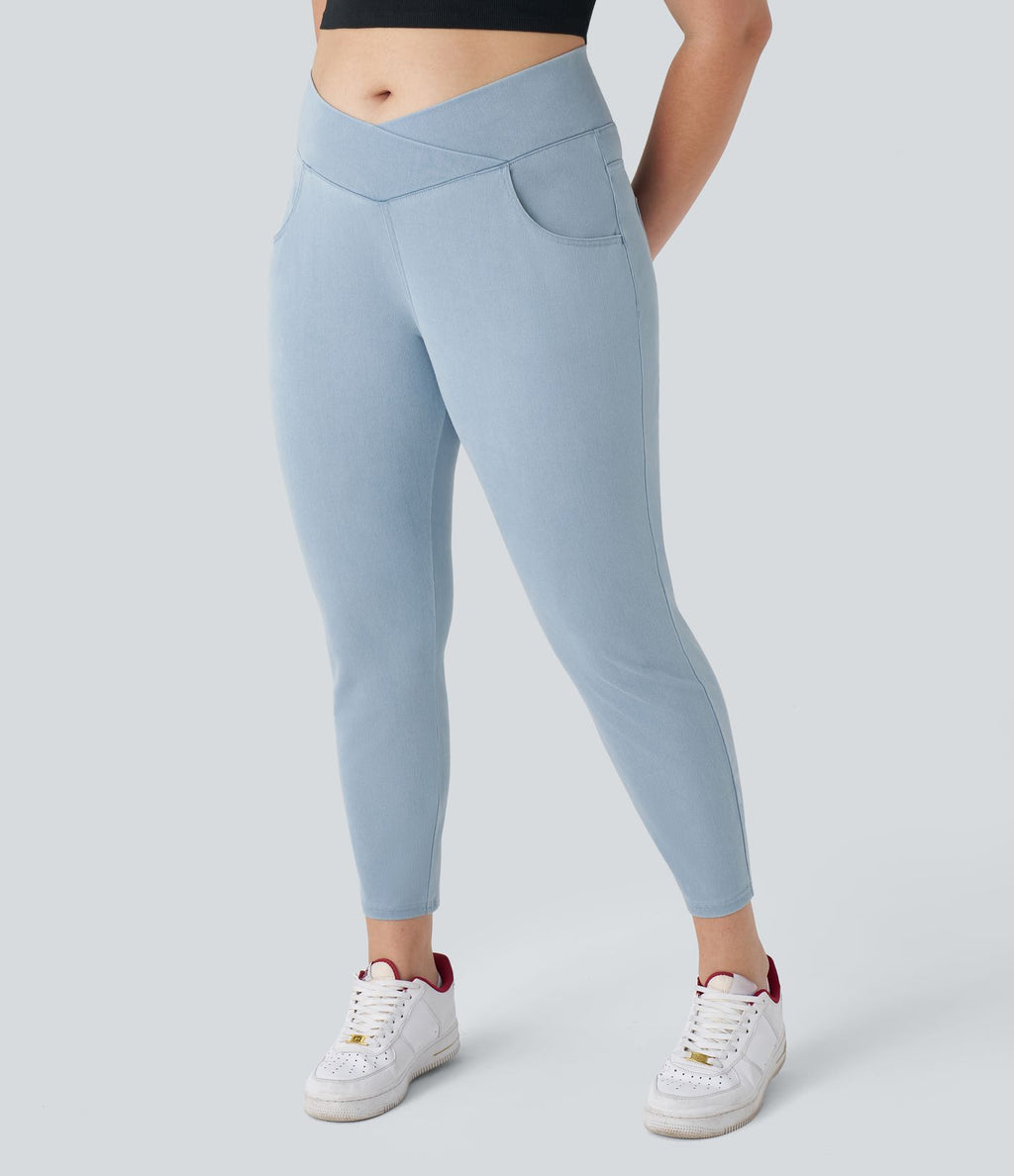 Halara Flex™ Legging Travail  7/8 Taille Croisée en Denim Tricot Extensible Taille Haute Poches Multiples Grande Taille