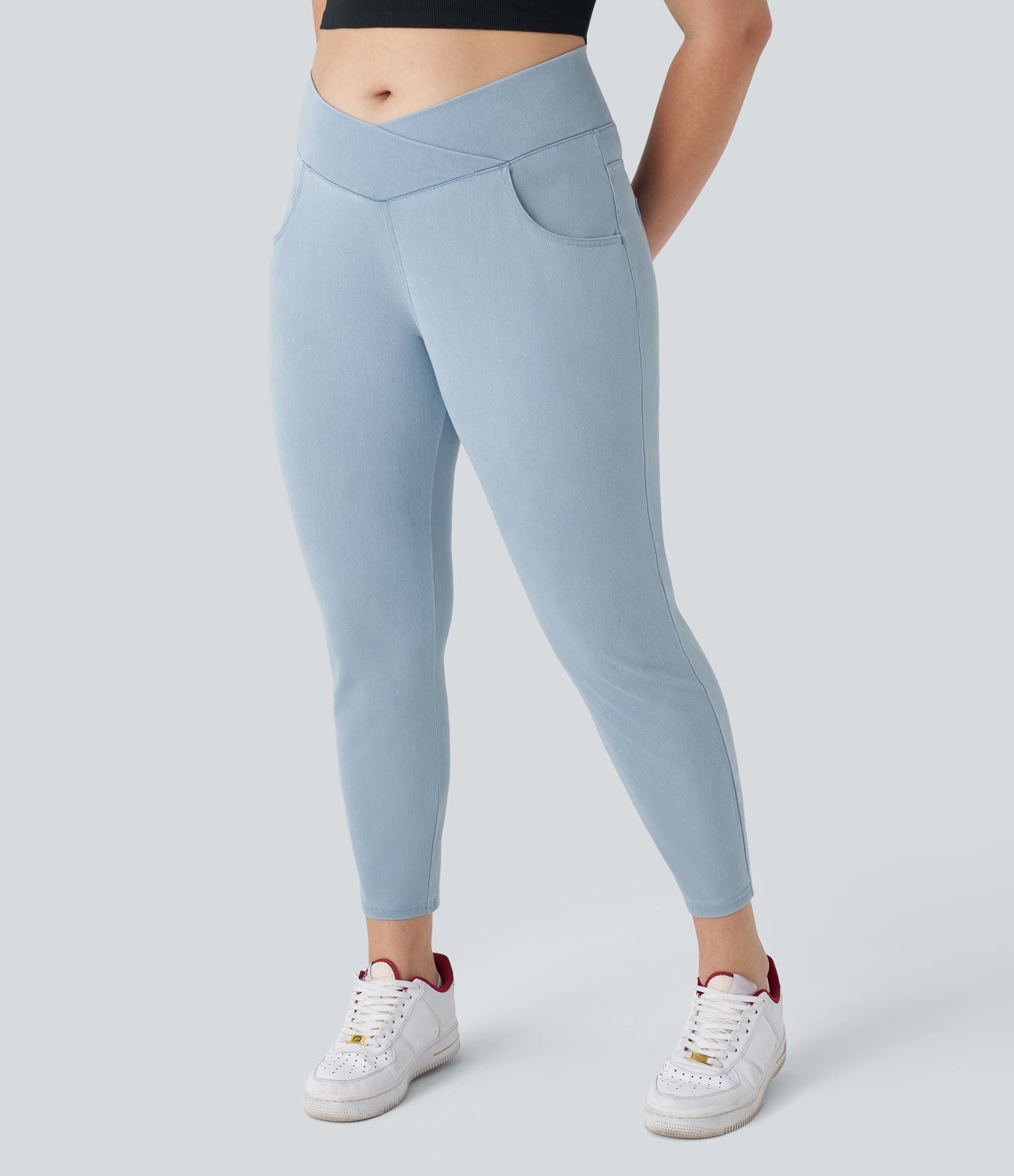 Halara Flex™ Legging Travail  7/8 Taille Croisée en Denim Tricot Extensible Taille Haute Poches Multiples Grande Taille