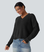 Pull casual col V délavé manches longues