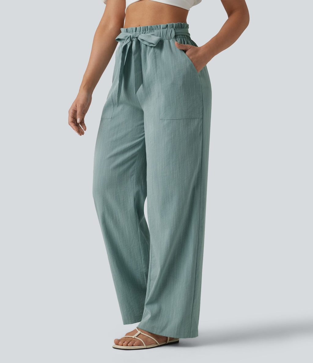 Pantalon décontracté effet lin taille haute, coupe droite, ceinturé avec finitions ondulées et poches