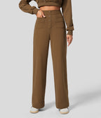 Pantalon Jogging en Fleece Thermique Jambe Droite Boutons Taille Haute Plusieurs Poches
