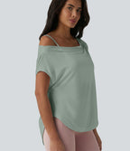 Top de yoga à une épaule, manches courtes, ourlet asymétrique et soutien-gorge intégré à séchage rapide