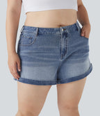 Short décontracté Halara Flex™ grande taille taille mi-haute bouton fermeture éclair en denim maille extensible multiples poches 7,5 cm