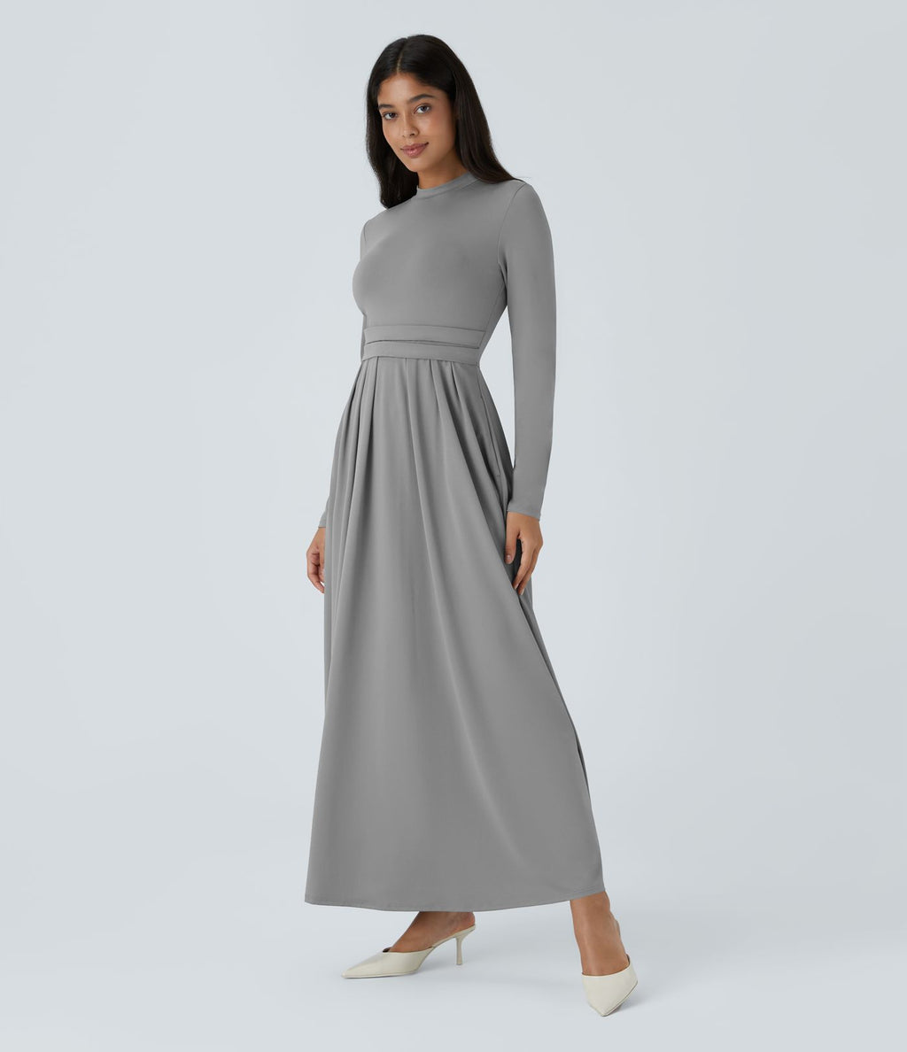 Robe longue décontractée à col montant, manches longues, plissée, avec poches latérales et coupe évasée
