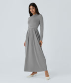 Robe longue décontractée à col montant, manches longues, plissée, avec poches latérales et coupe évasée