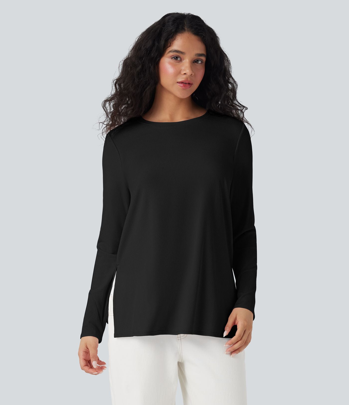 T-shirt décontracté maille côtelée manches longues ourlet fendu
