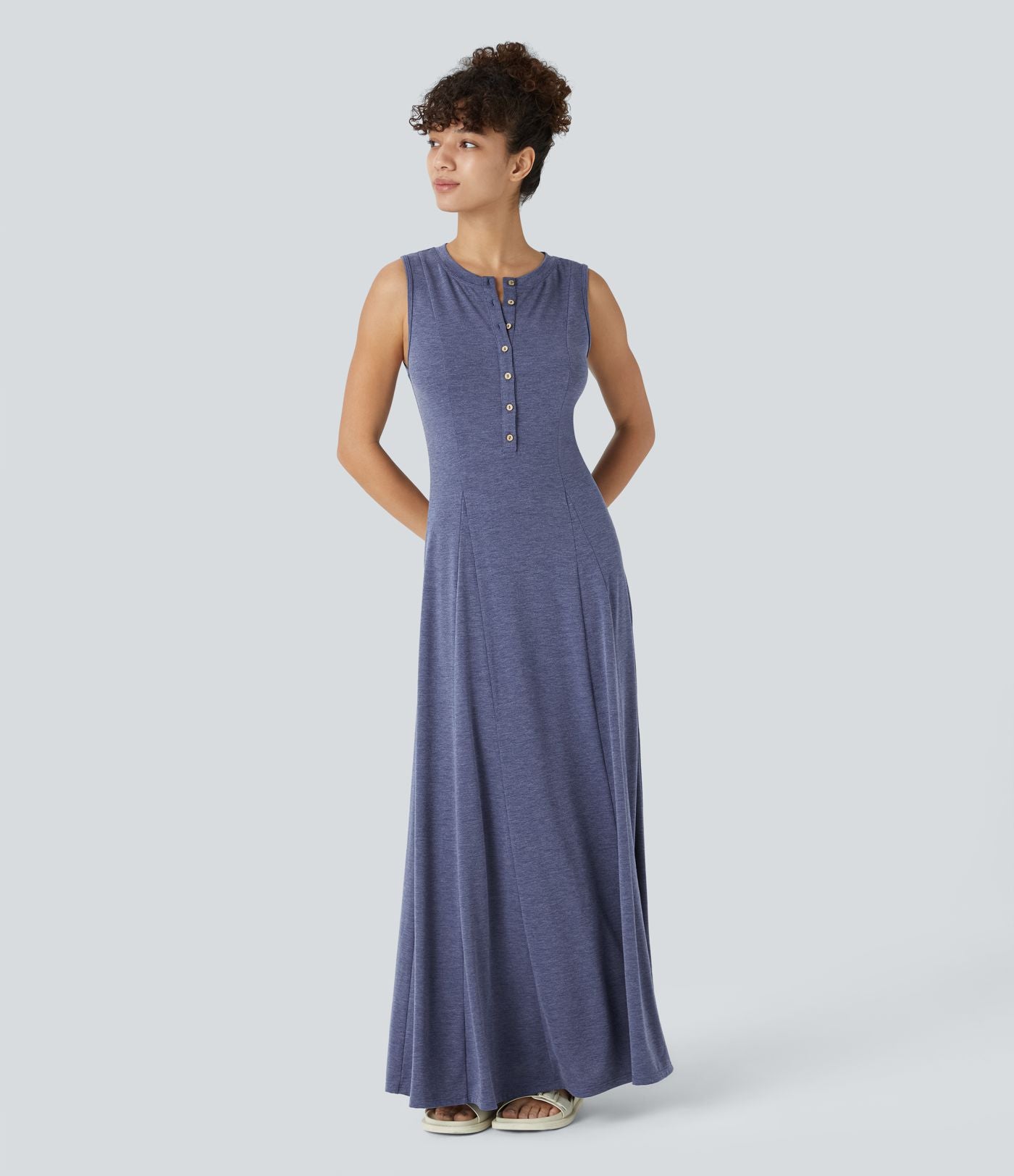 Robe Casual Maxi Col Rond Sans Manches Boutonnés
