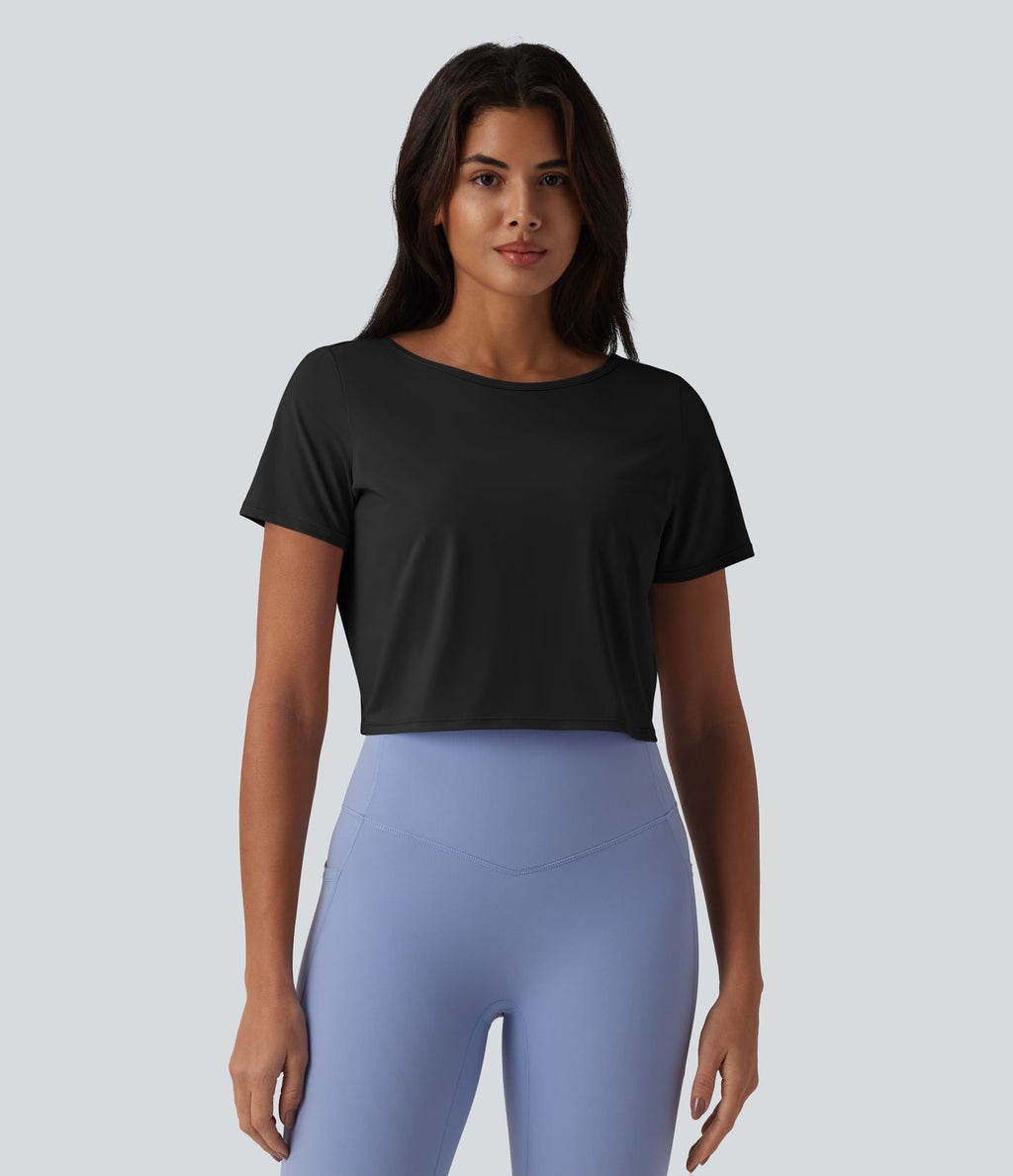 Haut de sport yoga col bateau manches courtes effet frais InstantCool dos ouvert, protection solaire UPF50+