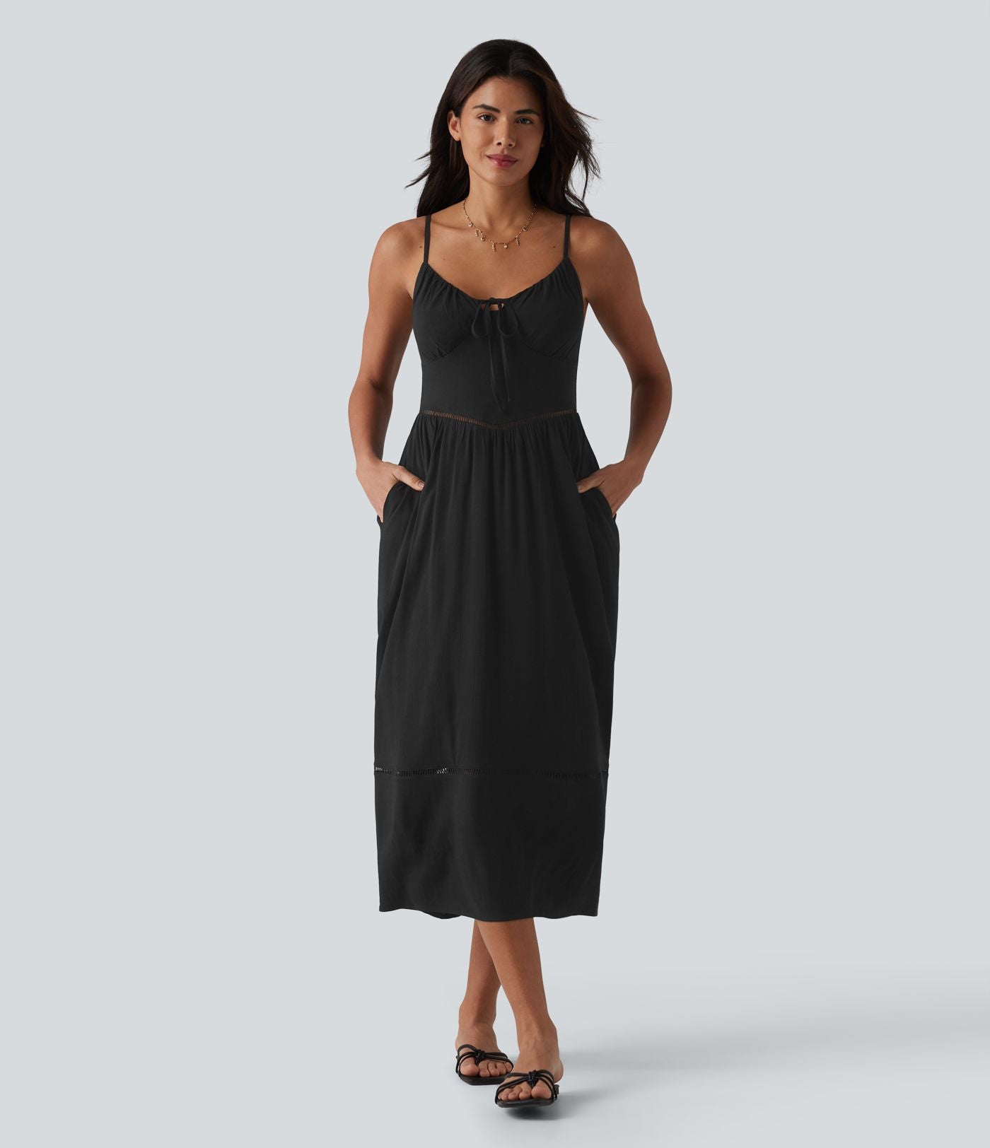 Robe nuisette midi aspect lin avec nœud devant, découpes et poches