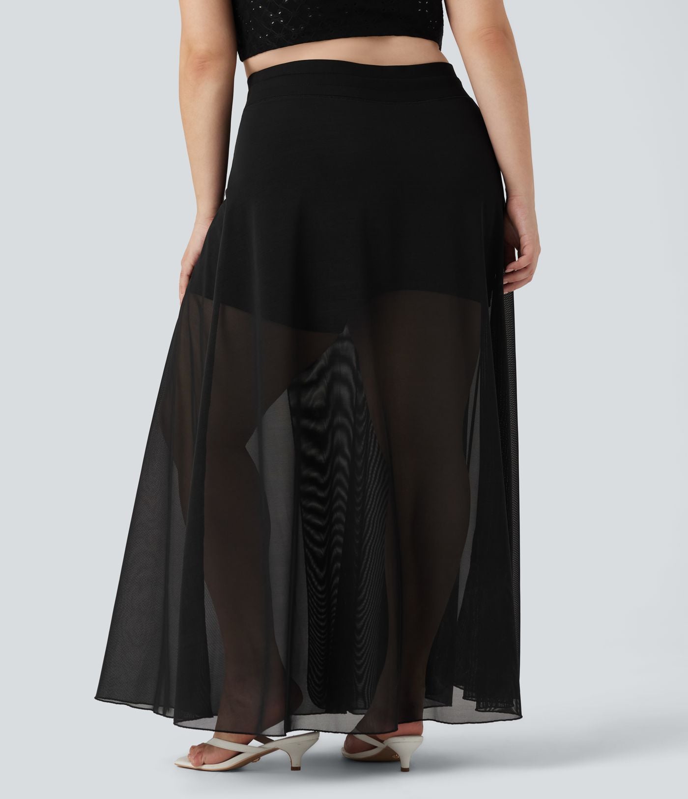 Jupe longue fluide grande taille 2-en-1 mesh contrastant taille haute avec cordon de serrage et poches