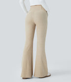 Pantalon Taille Haute Casual Évasés en Tricot Côtelé avec Poches Latérales et Croisé