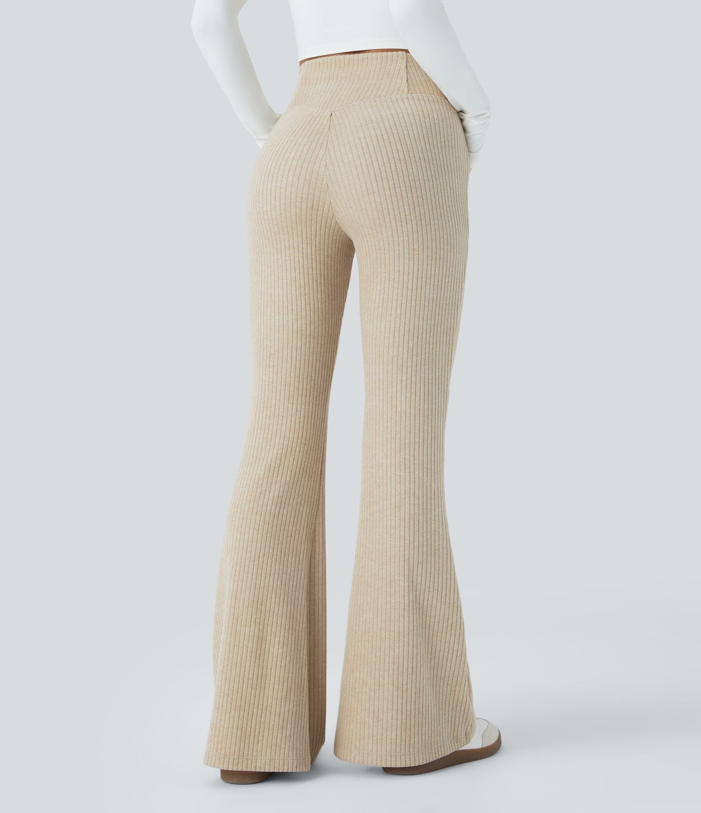 Pantalon Taille Haute Casual Évasés en Tricot Côtelé avec Poches Latérales et Croisé