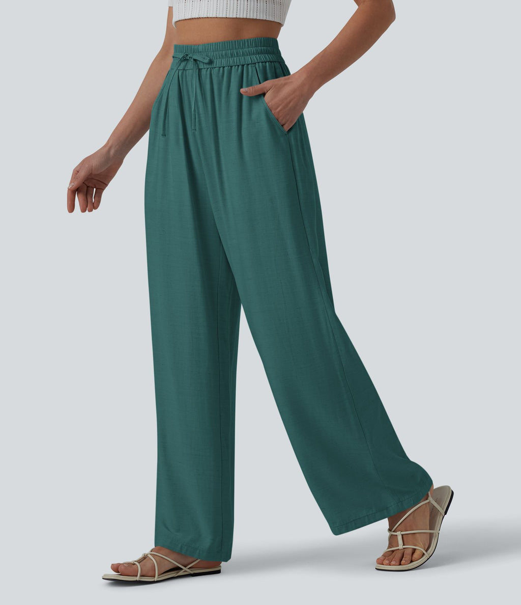 Pantalon casual large mélange lin taille haute avec cordon de serrage et poches