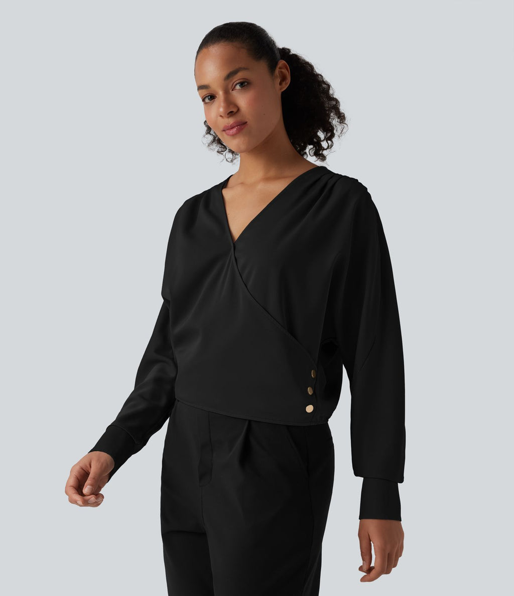 Blouse esprit bureau défroissage facile, col V, manches longues et boutons décoratifs