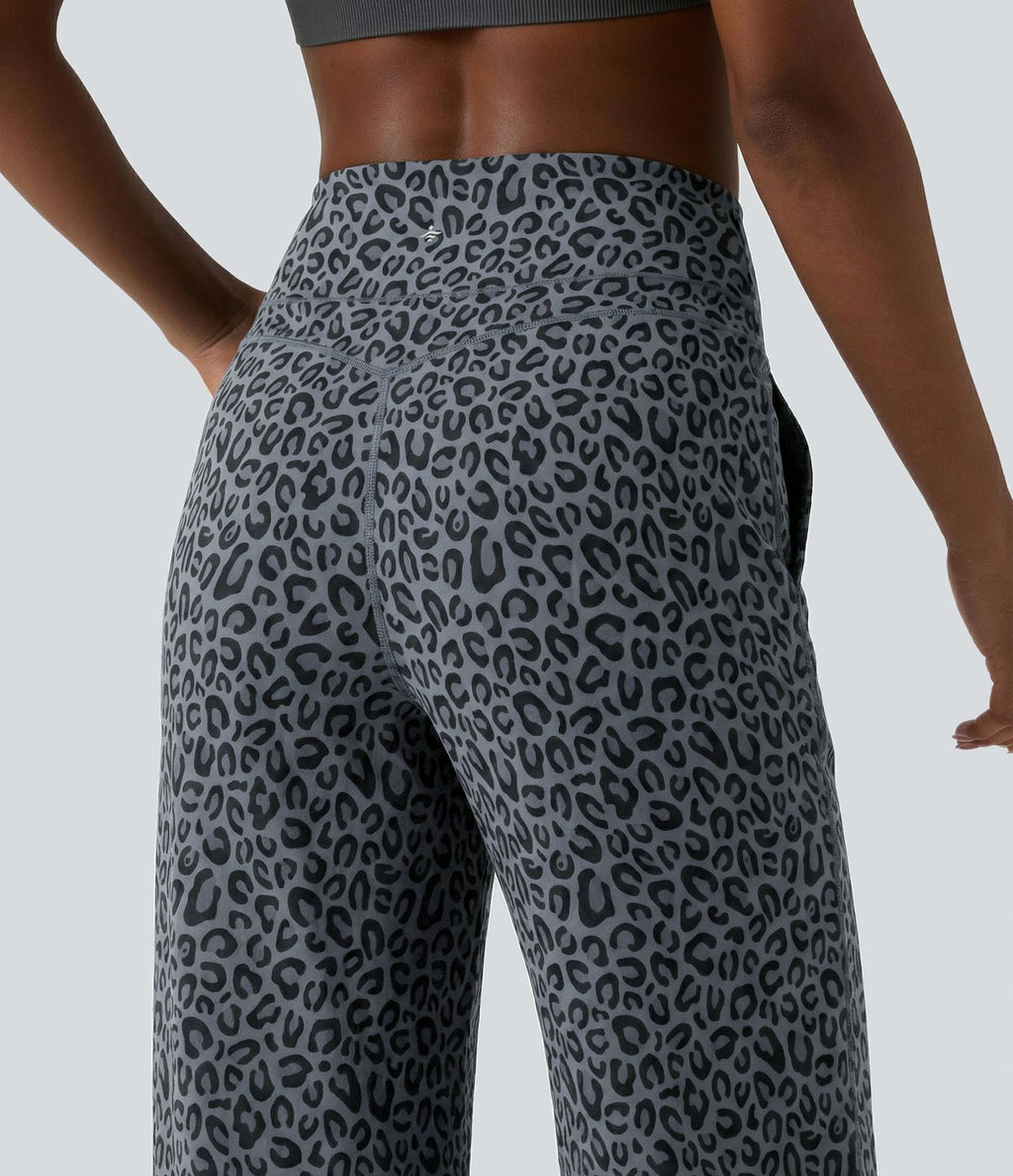 Pantalon de yoga jambes droites taille haute gainant imprimé léopard Halara UltraSculpt™ avec poches