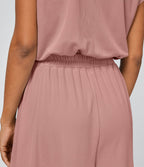 Combinaison Casual Col en V Jambes Large Plissée Manches Courtes Poche Latérale Gaufrée Fluide