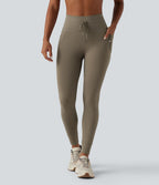 Legging 7/8 de yoga taille haute avec cordon de serrage uni et poches