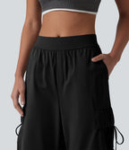 Pantalon cargo bootcut de sport taille mi-haute avec fronces et liens et poches